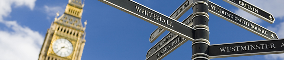 London Big Ben and Westminster street signs
